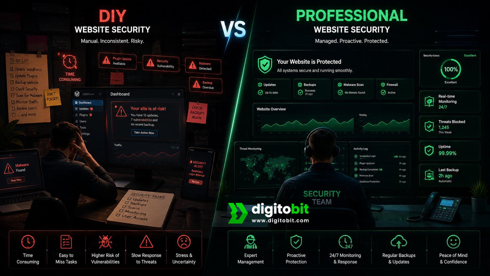 Comparison of DIY website security with manual tasks and risks versus professional website security with monitoring, backups, updates, and proactive protection.