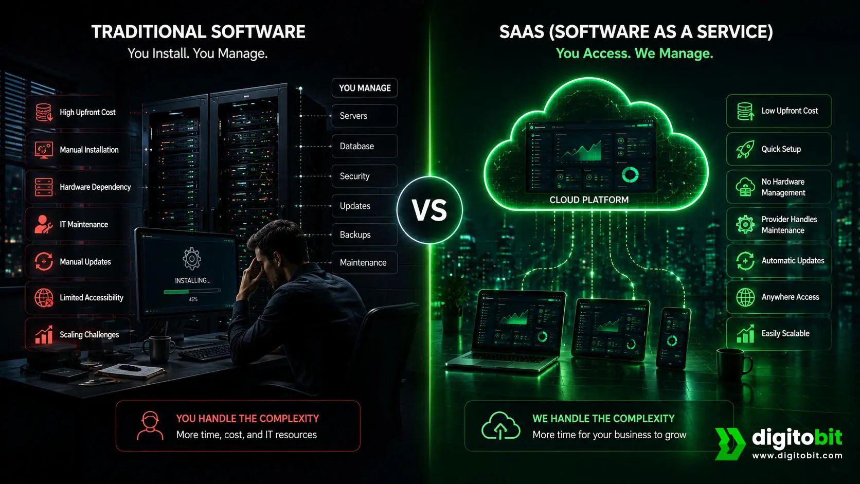 SaaS vs traditional software comparison showing cloud access and local software